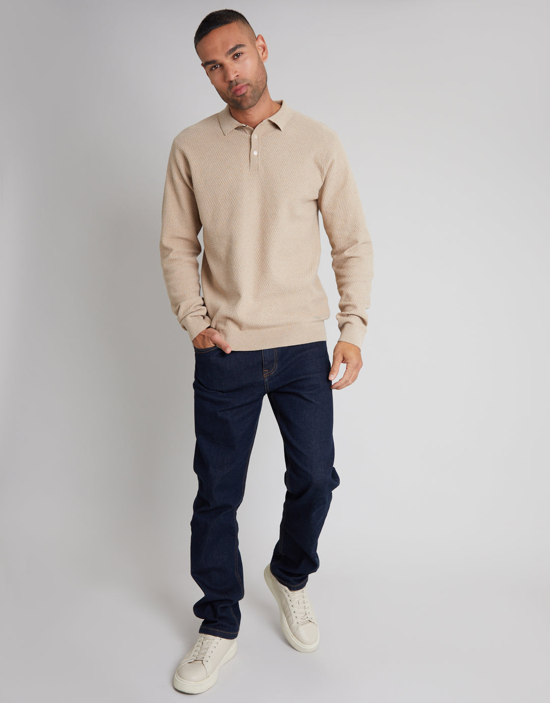 Camel Brown Long Sleeve Popper Fastening Knitted Polo