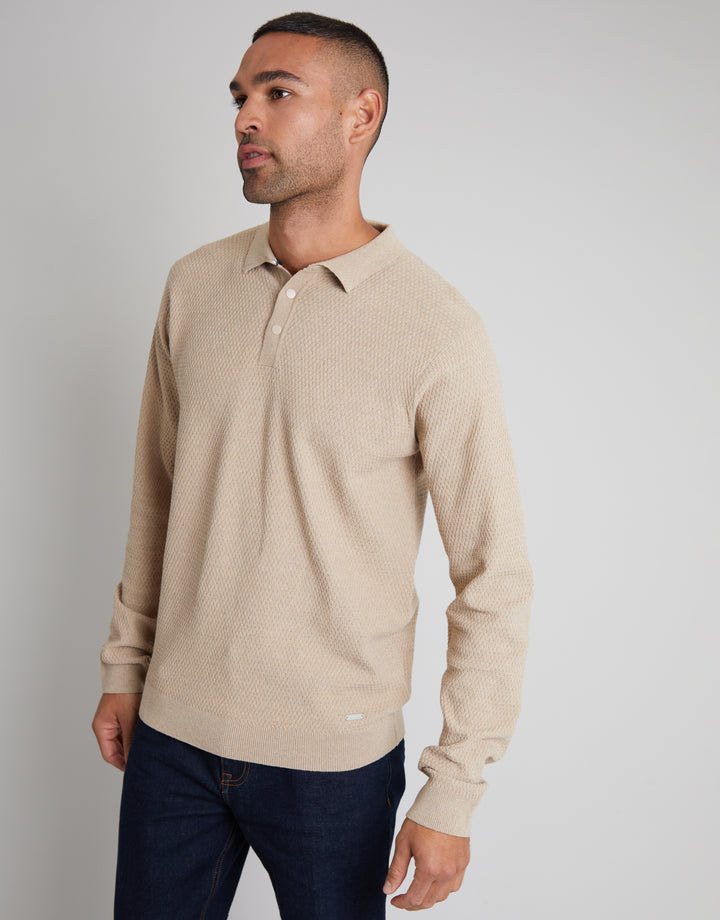 Camel Brown Long Sleeve Popper Fastening Knitted Polo