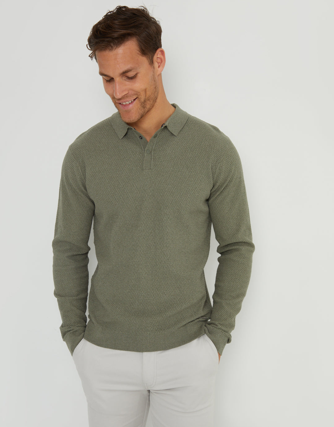 Khaki Green Long Sleeve Popper Fastening Knitted Polo
