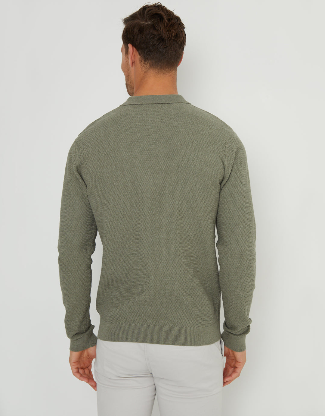 Khaki Green Long Sleeve Popper Fastening Knitted Polo