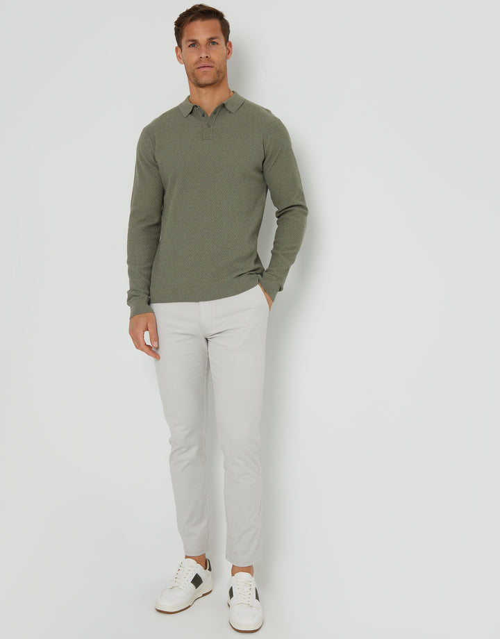 Khaki Green Long Sleeve Popper Fastening Knitted Polo