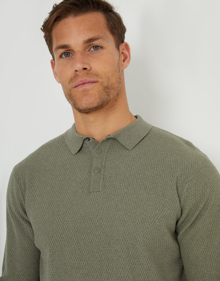 Khaki Green Long Sleeve Popper Fastening Knitted Polo