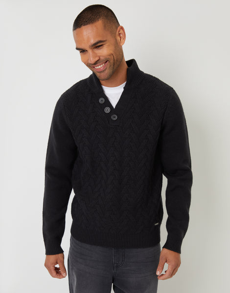 Threadbare Men's Black Mock Neck Funnel Neck Cable Knit Jumper