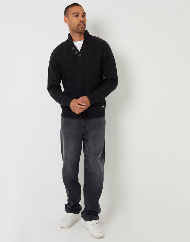 Black Mock Neck Funnel Neck Cable Knit Jumper