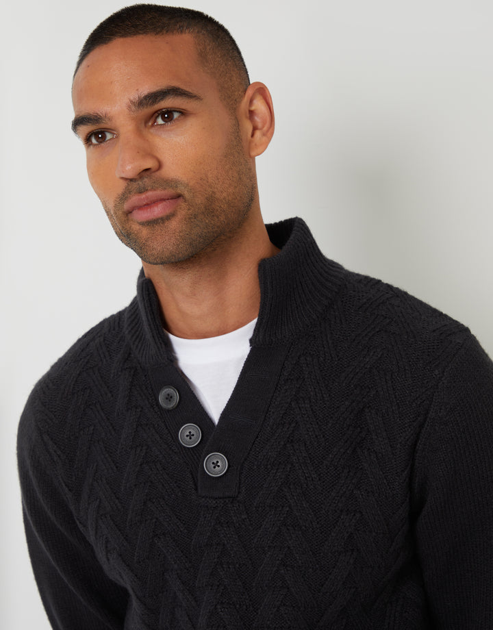 Black Mock Neck Funnel Neck Cable Knit Jumper