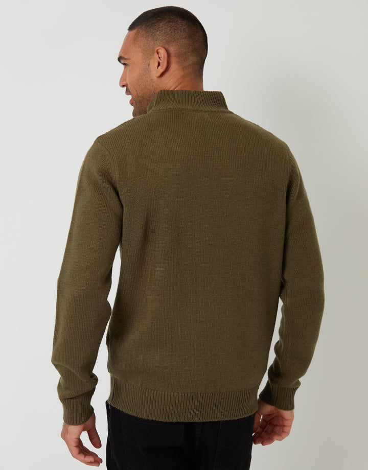 Khaki Green Mock Neck Funnel Neck Cable Knit Jumper
