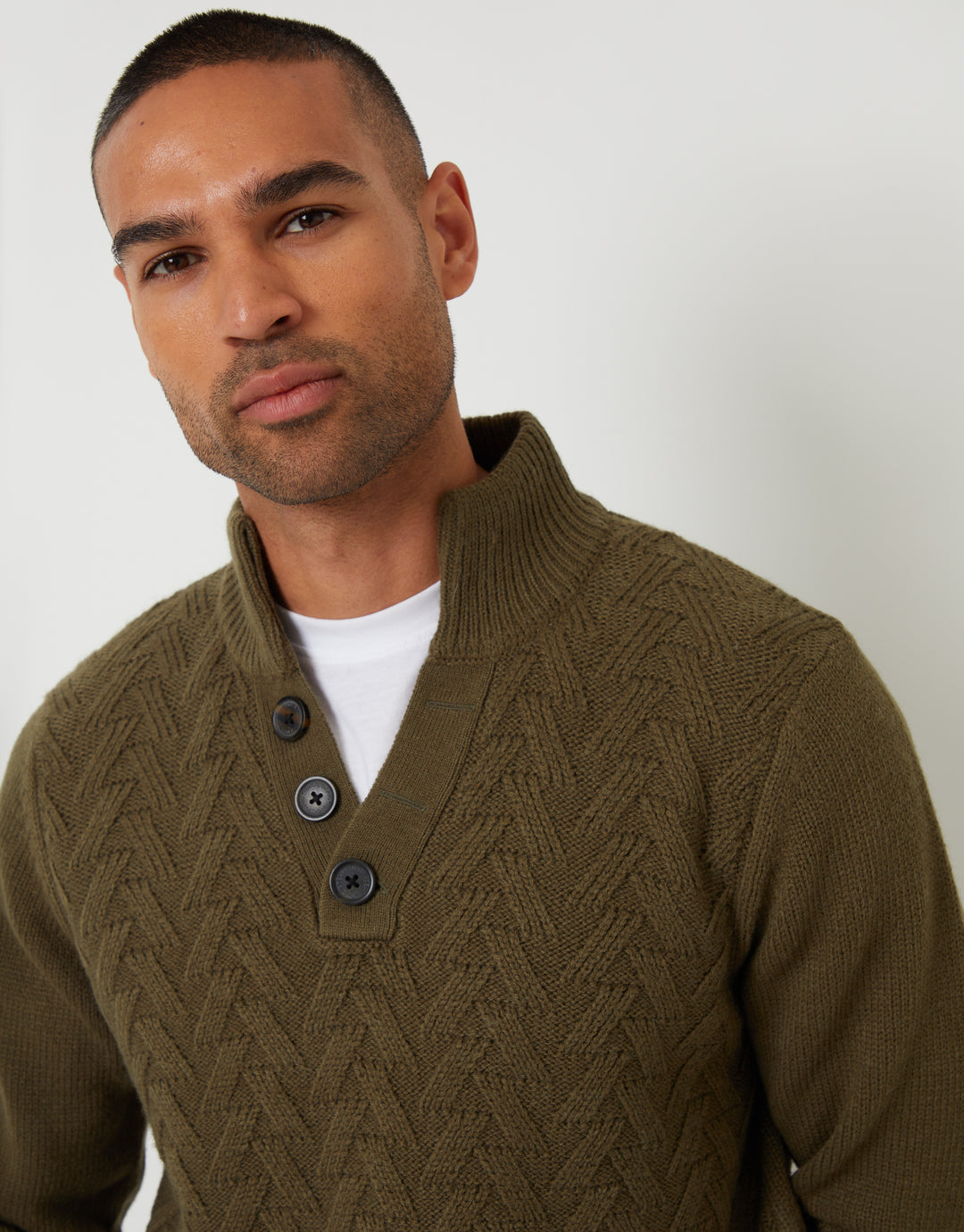 Khaki Green Mock Neck Funnel Neck Cable Knit Jumper