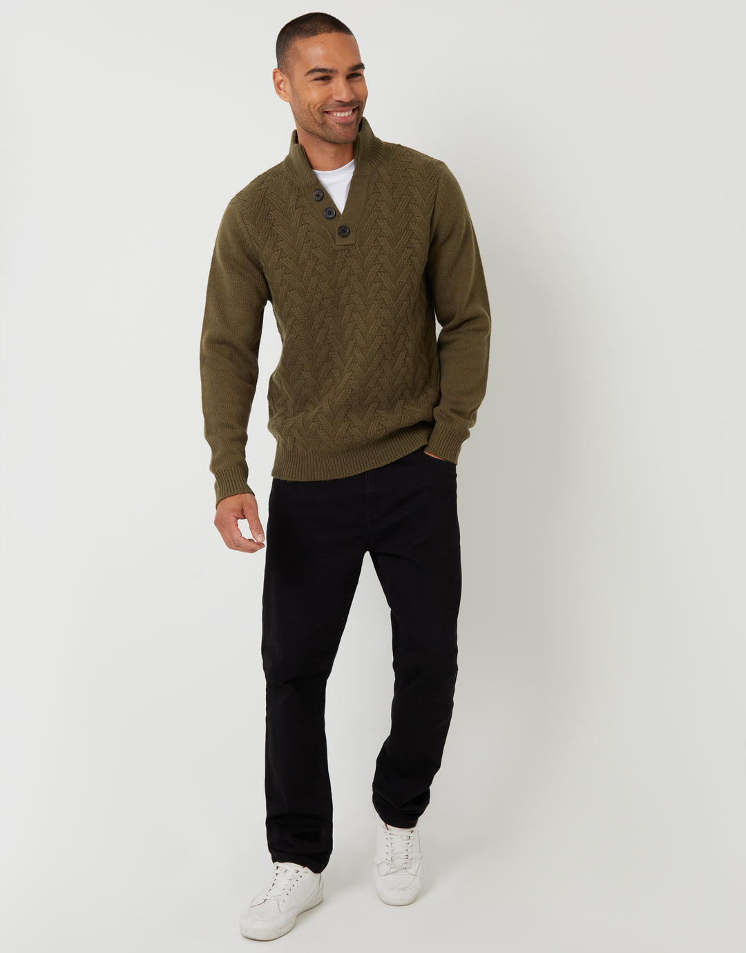 Khaki Green Mock Neck Funnel Neck Cable Knit Jumper