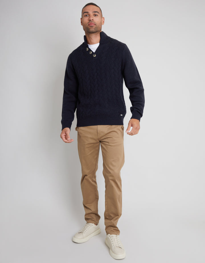 Navy Mock Neck Funnel Neck Cable Knit Jumper
