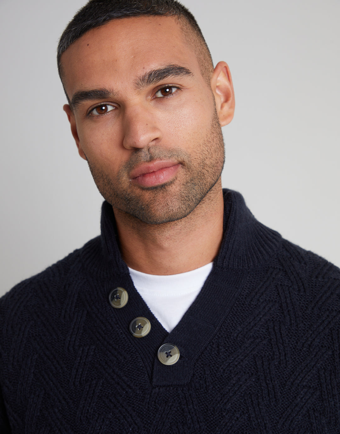 Navy Mock Neck Funnel Neck Cable Knit Jumper