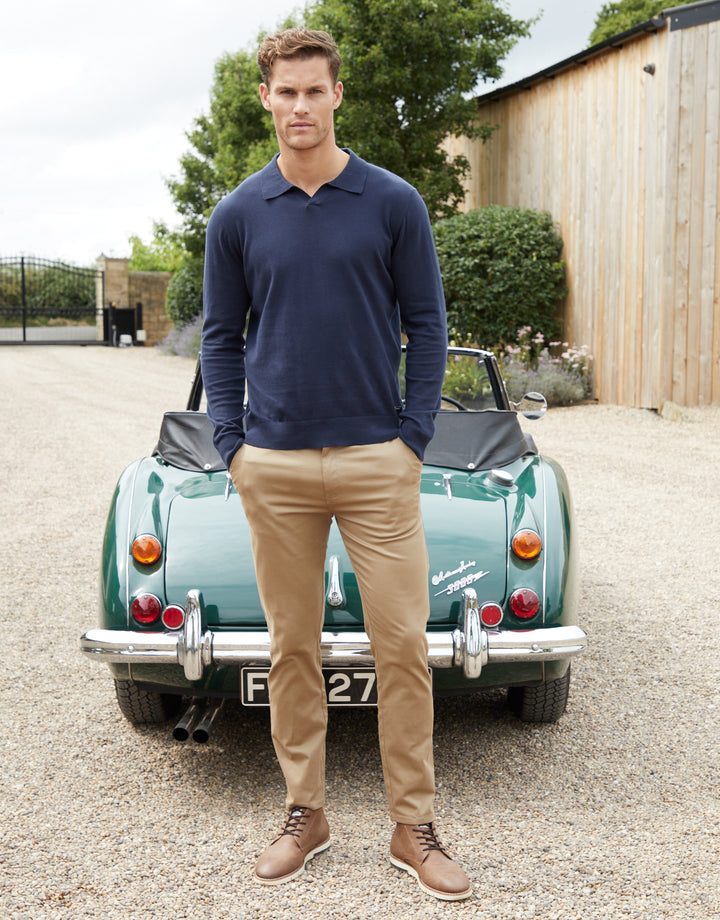 Navy Trophy Neck Knitted Long Sleeve Polo