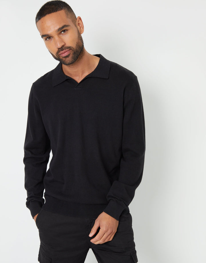 Black Trophy Neck Knitted Long Sleeve Polo
