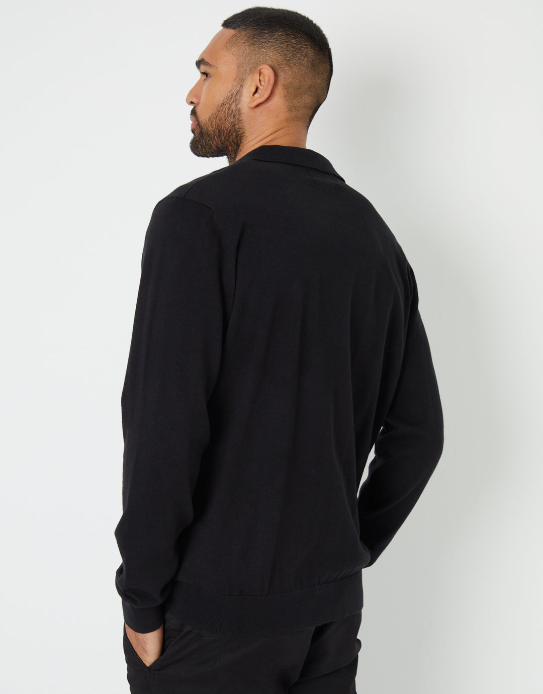 Black Trophy Neck Knitted Long Sleeve Polo