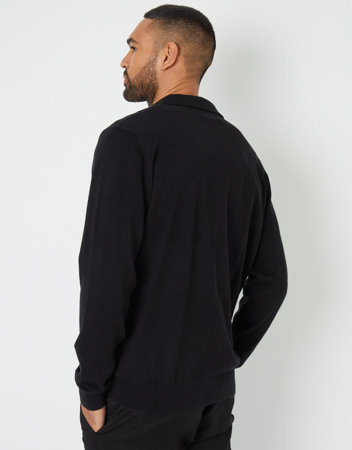 Black Trophy Neck Knitted Long Sleeve Polo