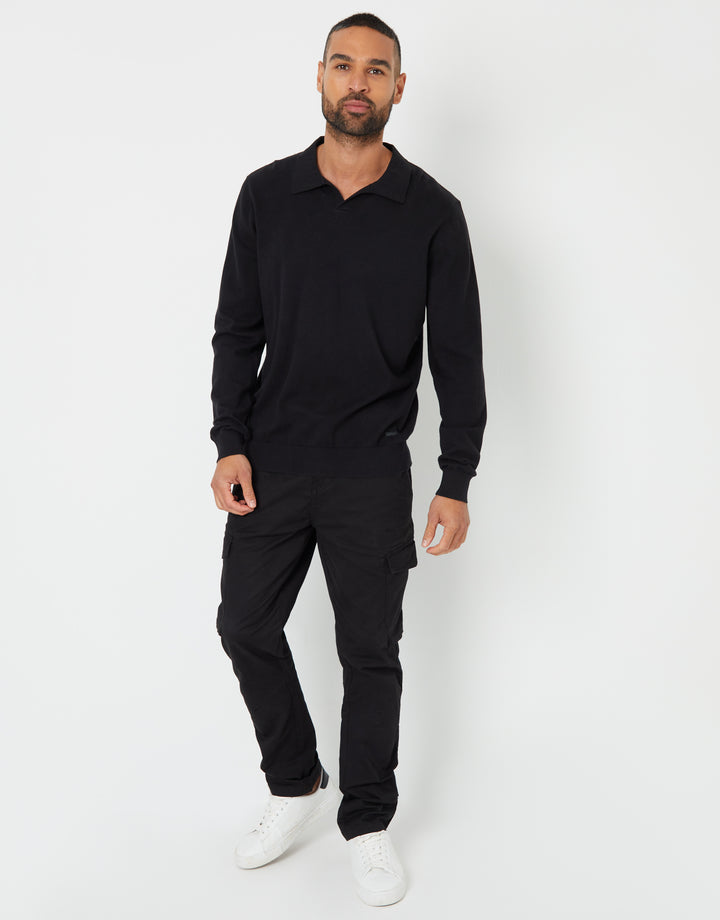 Black Trophy Neck Knitted Long Sleeve Polo