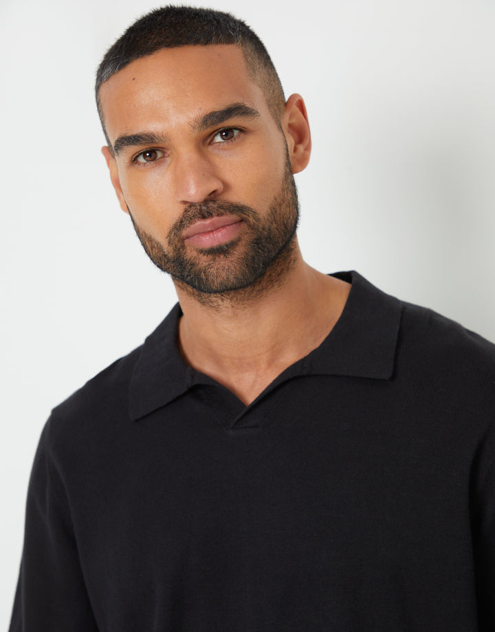 Black Trophy Neck Knitted Long Sleeve Polo