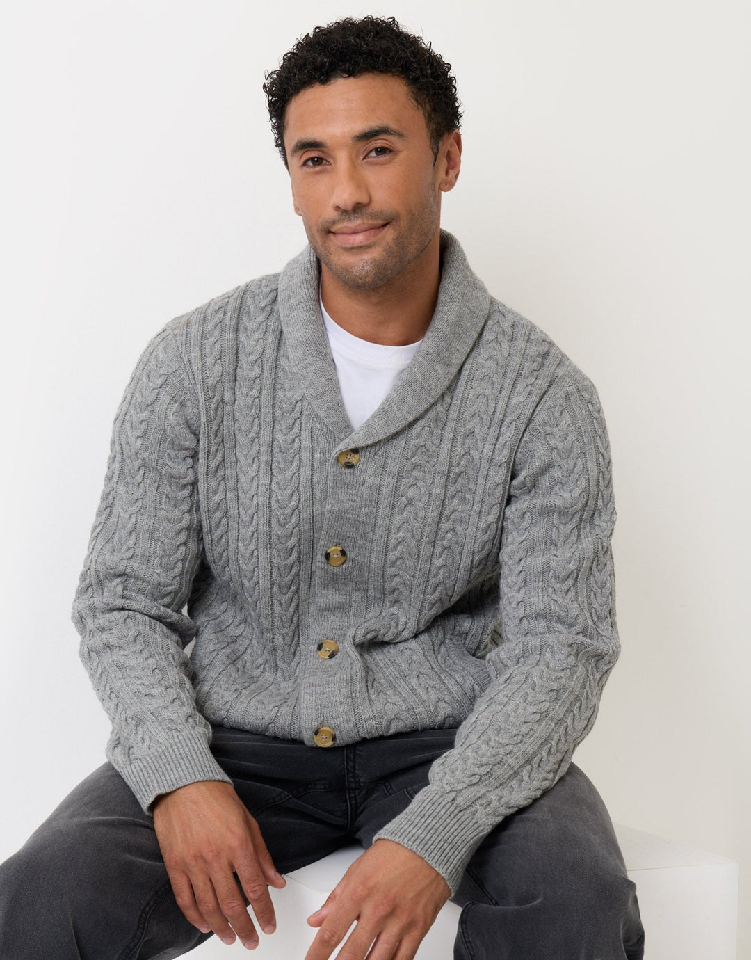 Threadbare Cable Knit Shawl Cardigan in Grey Marl - sat down