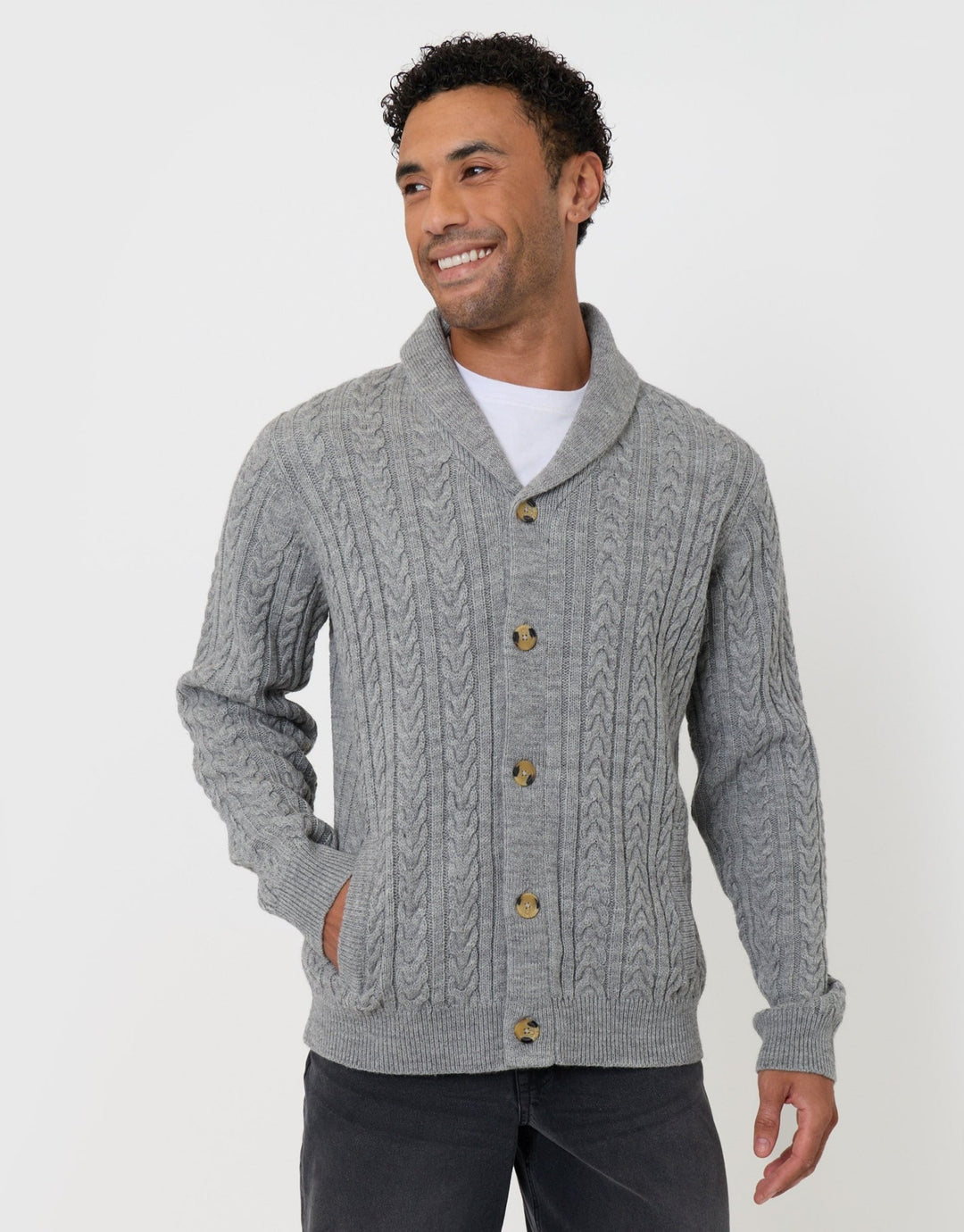 Threadbare Cable Knit Shawl Cardigan in Grey Marl - front view