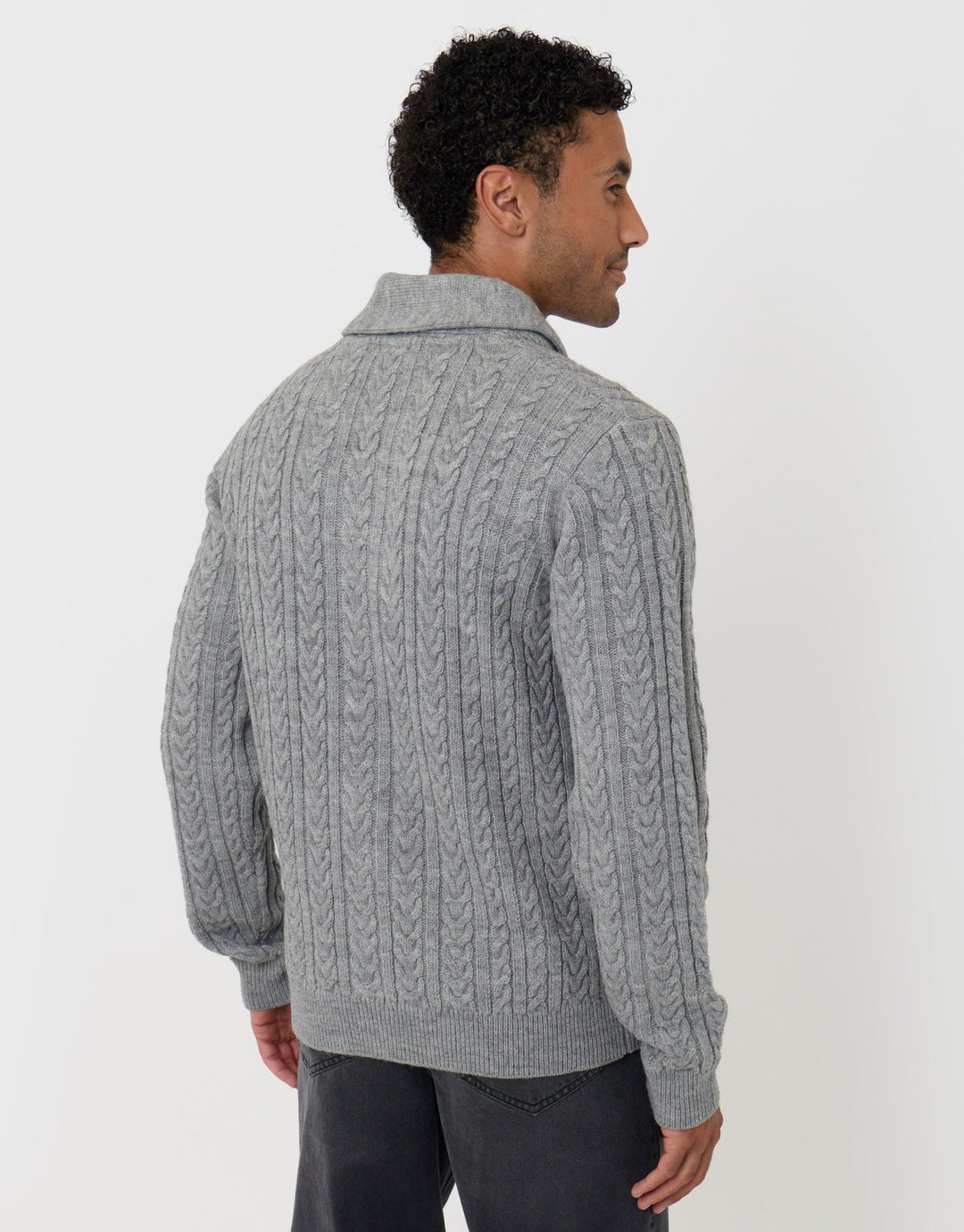 Threadbare Cable Knit Shawl Cardigan in Grey Marl - back view