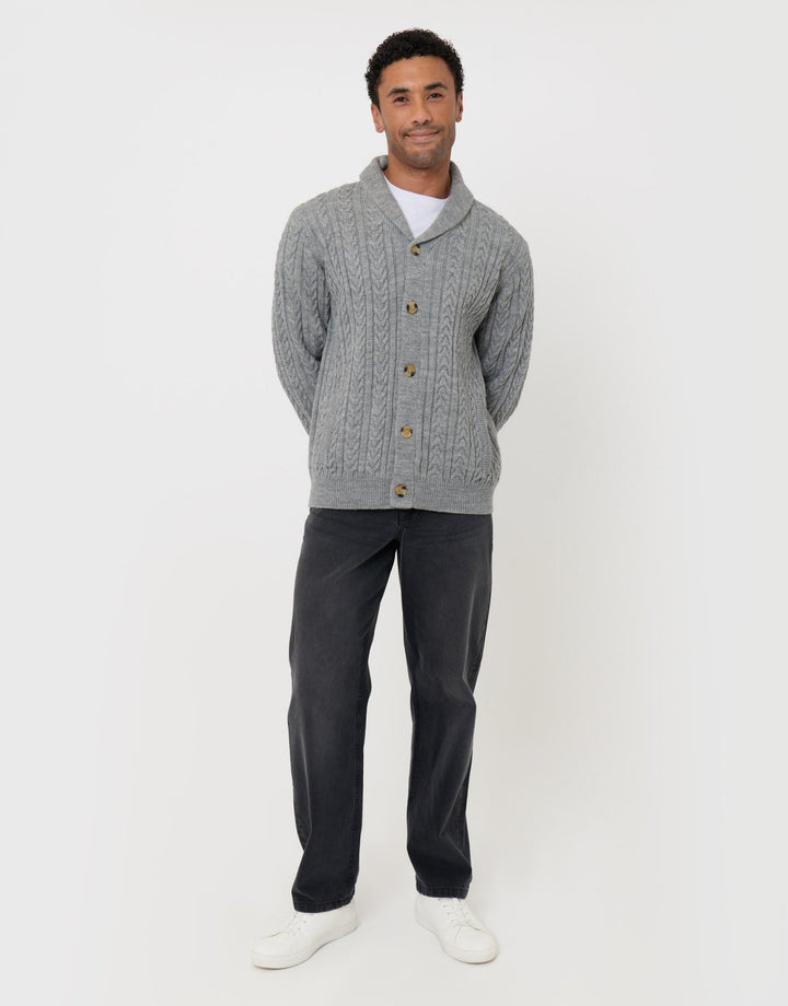 Threadbare Cable Knit Shawl Cardigan in Grey Marl - full body