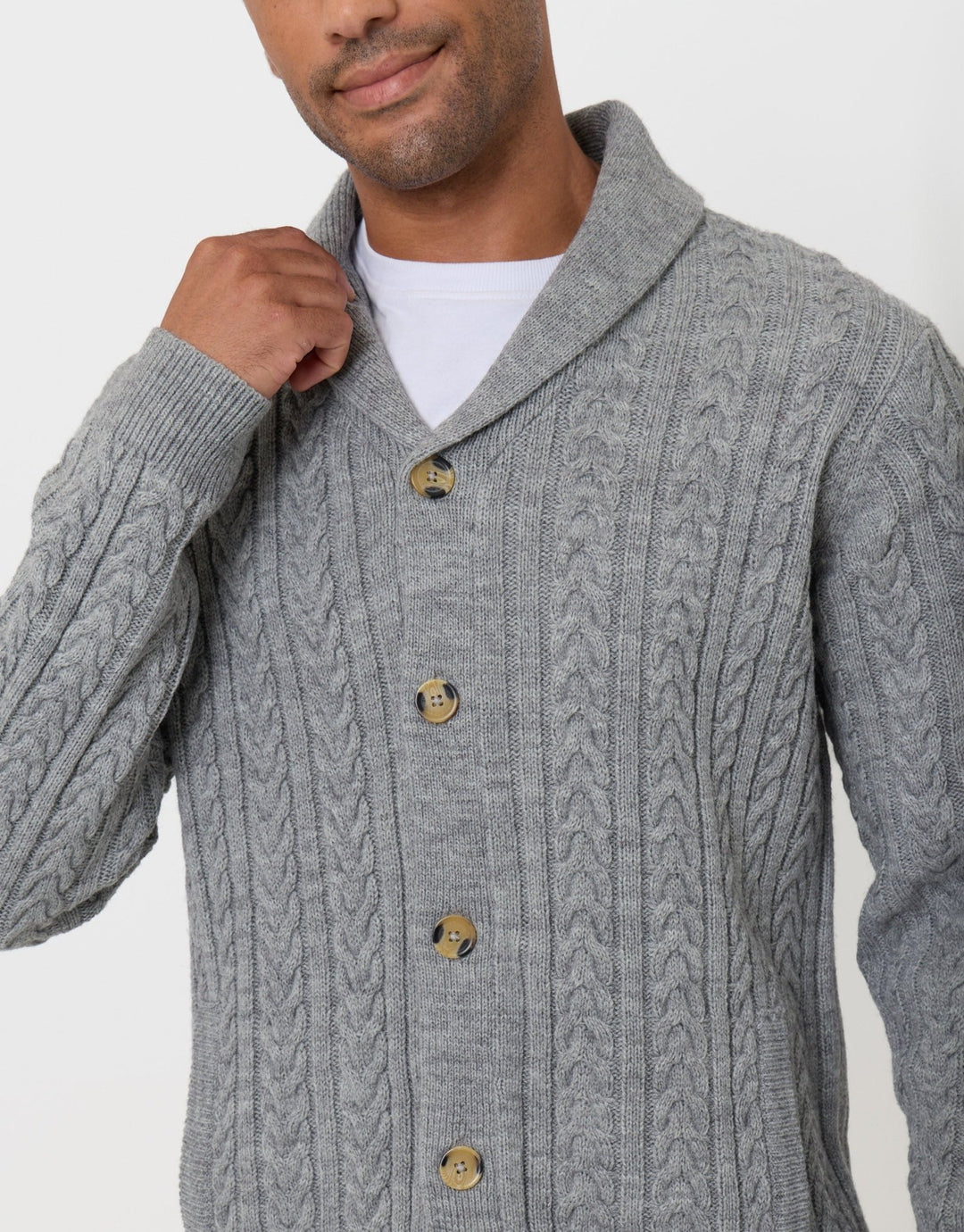 Threadbare Cable Knit Shawl Cardigan in Grey Marl - close up
