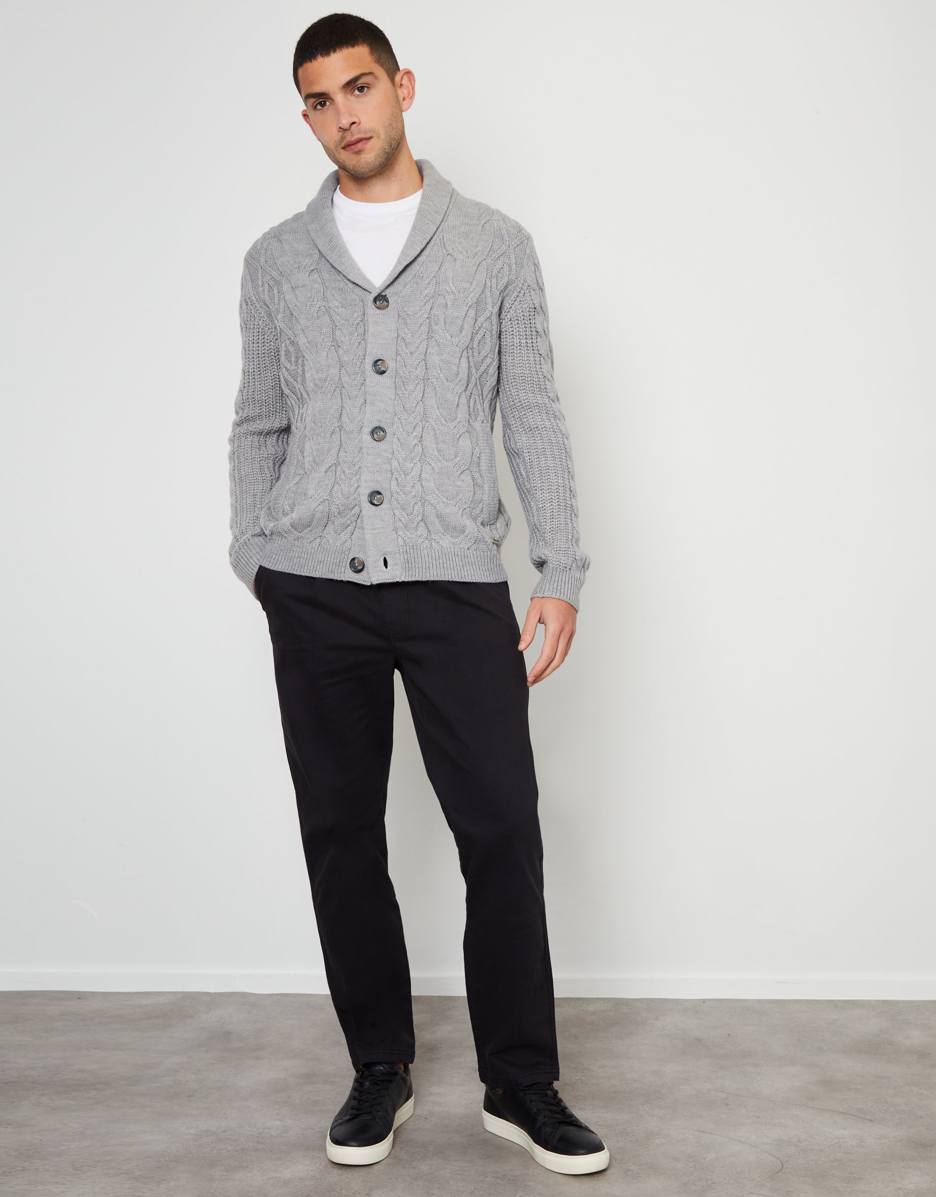 Threadbare Men's Cable Knit Shawl Cardigan in Grey Marl