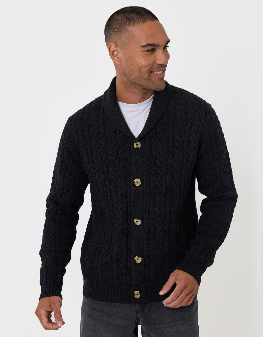 Threadbare Cable Knit Shawl Cardigan in Black - front view