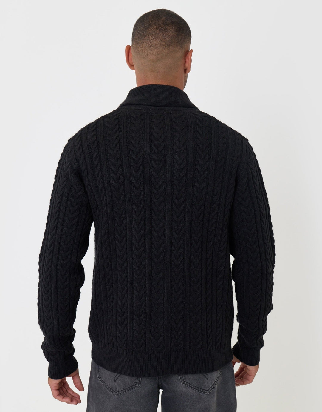 Threadbare Cable Knit Shawl Cardigan in Black - back view