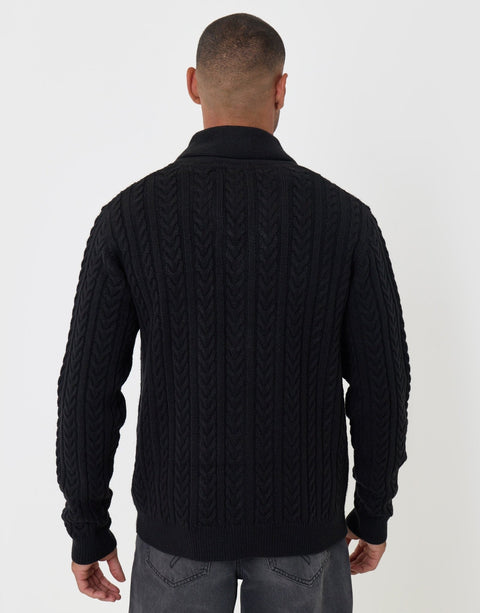 Threadbare Cable Knit Shawl Cardigan in Black - back view