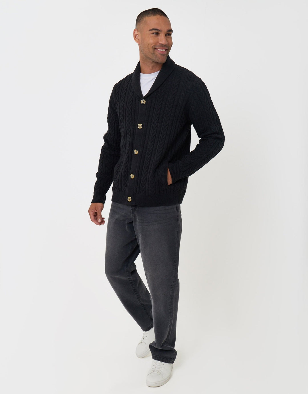 Threadbare Cable Knit Shawl Cardigan in Black - full body