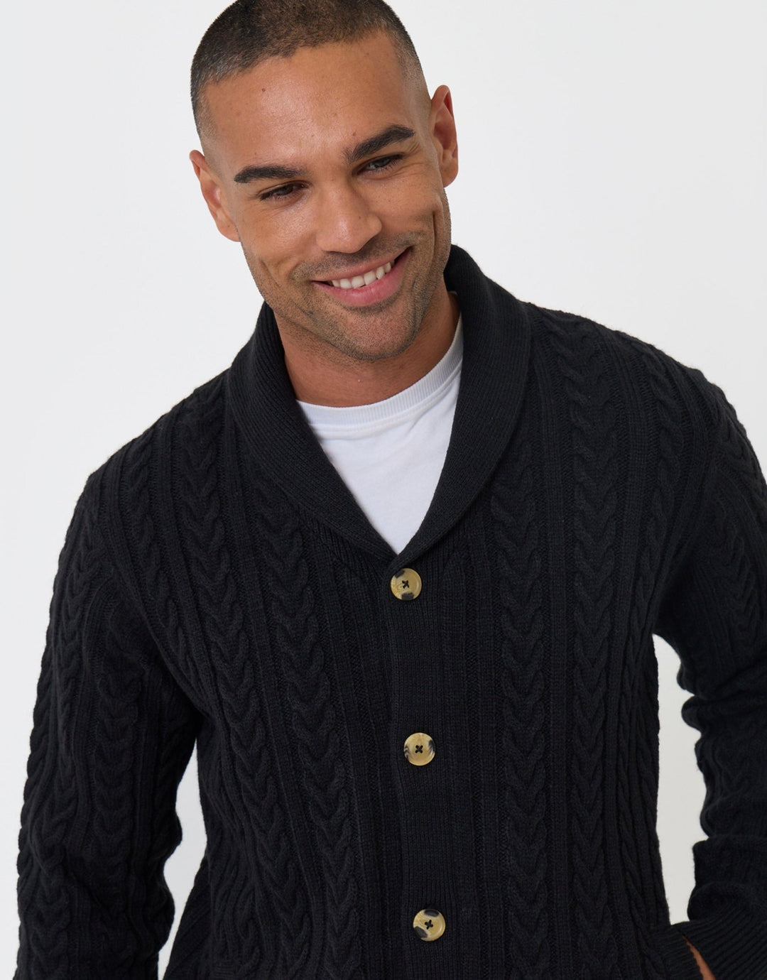 Threadbare Cable Knit Shawl Cardigan in Black - close up
