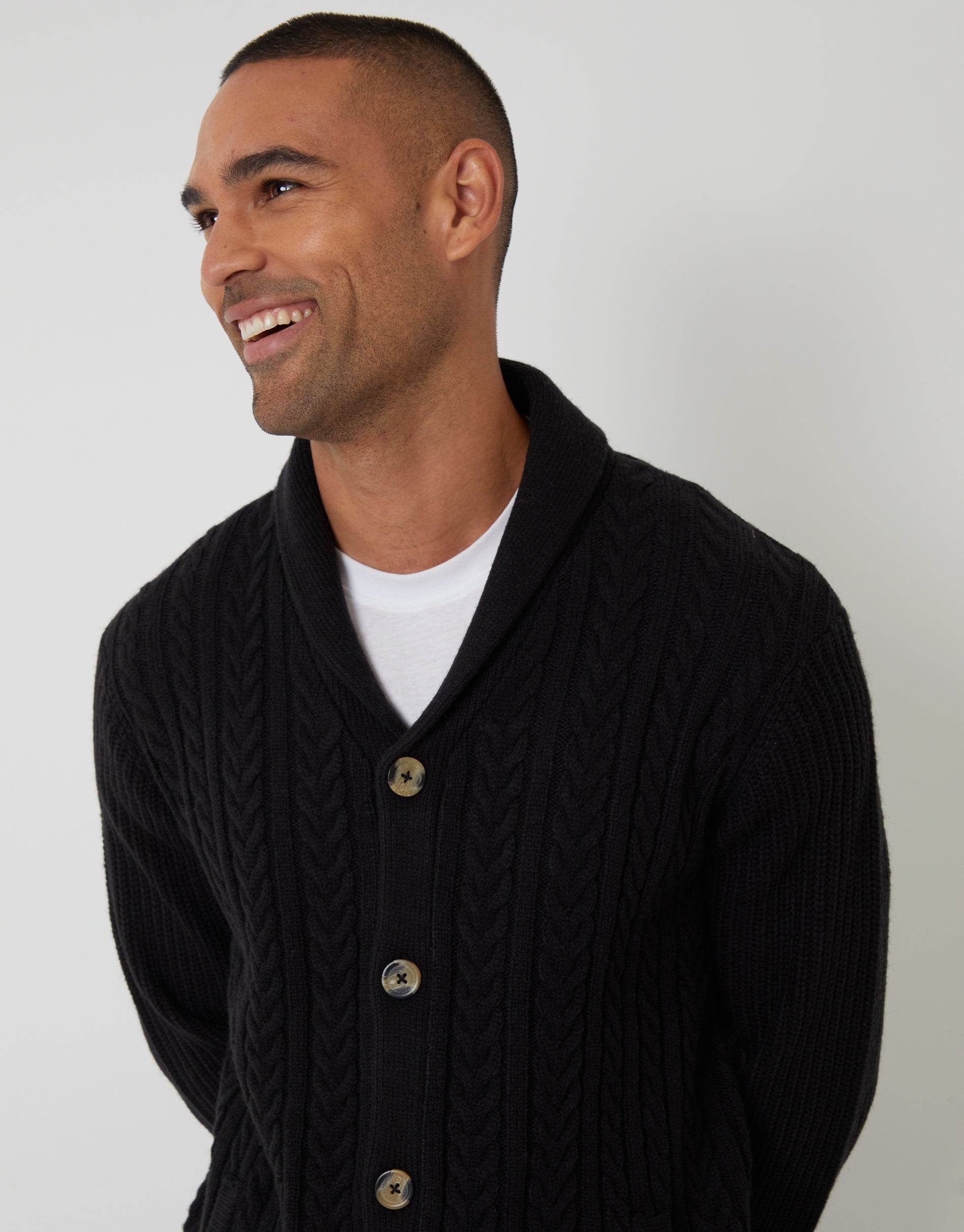 Threadbare Men's Black Cable Knit Shawl Cardigan