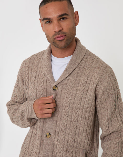 Threadbare Wool Blend Shawl Collar Cardigan in Beige - front view button up