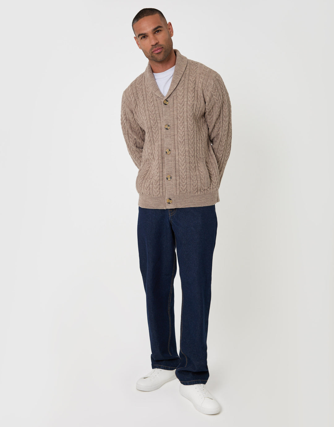 Threadbare Wool Blend Shawl Collar Cardigan in Beige - full body