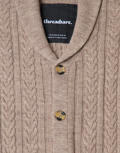 Threadbare Wool Blend Shawl Collar Cardigan in Beige - close up