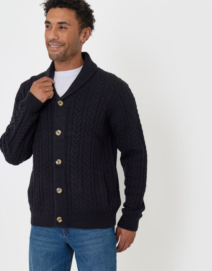 Threadbare Cable Knit Shawl Cardigan in Navy - front view