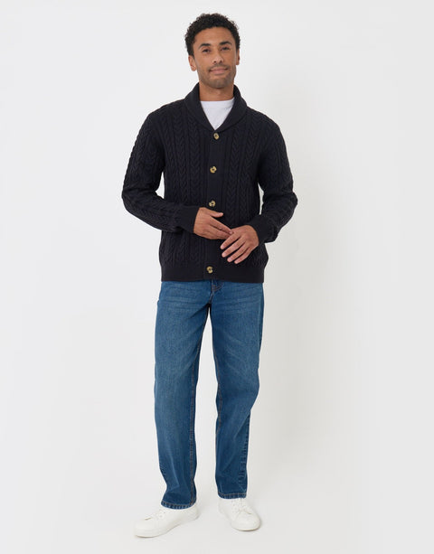 Threadbare Cable Knit Shawl Cardigan in Navy - full body