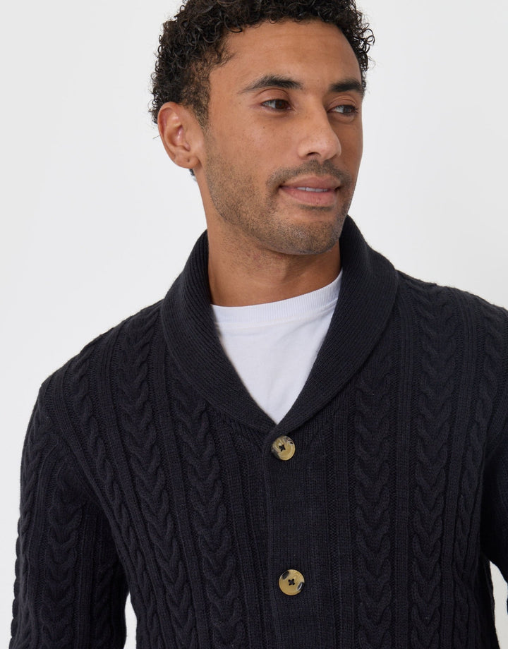Threadbare Cable Knit Shawl Cardigan in Navy - close up