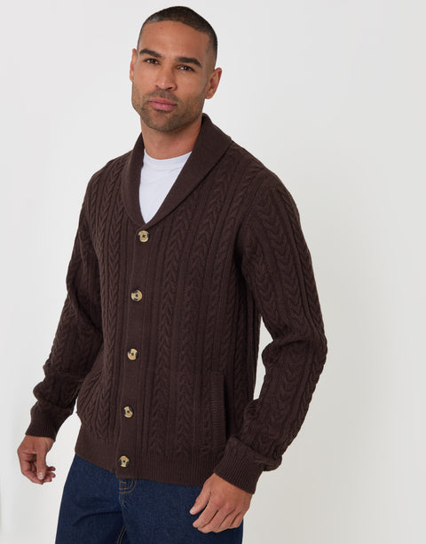 Threadbare Wool Blend Shawl Collar Cardigan in Chocolate Brown - front view