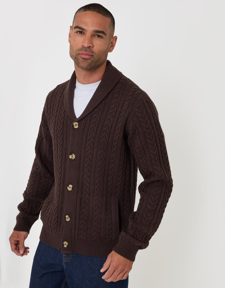 Threadbare Wool Blend Shawl Collar Cardigan in Chocolate Brown - front view