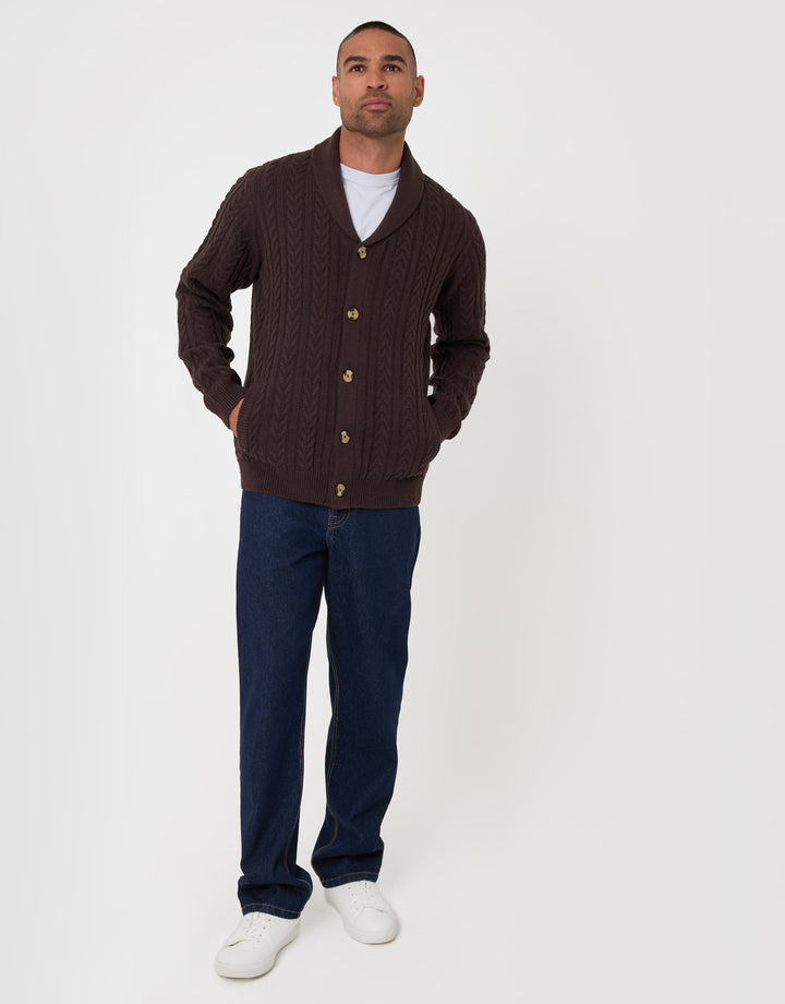 Threadbare Wool Blend Shawl Collar Cardigan in Chocolate Brown - full body