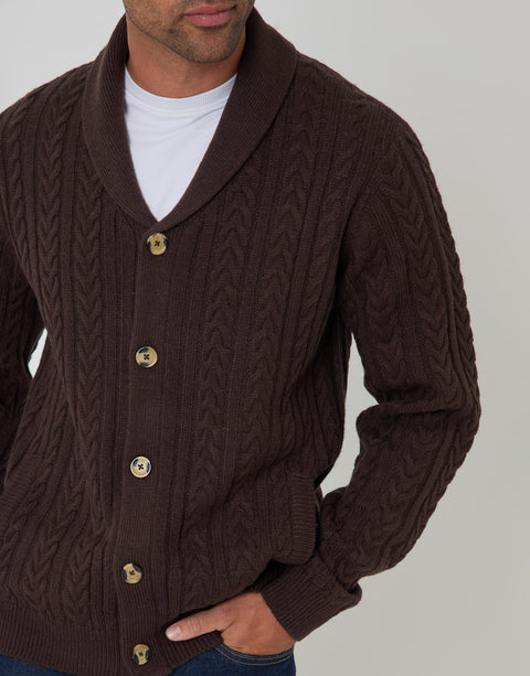 Threadbare Wool Blend Shawl Collar Cardigan in Chocolate Brown - close up