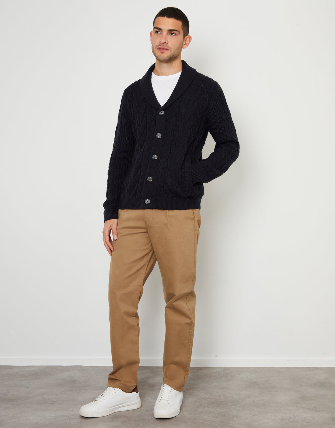 Navy Cable Knit Shawl Cardigan