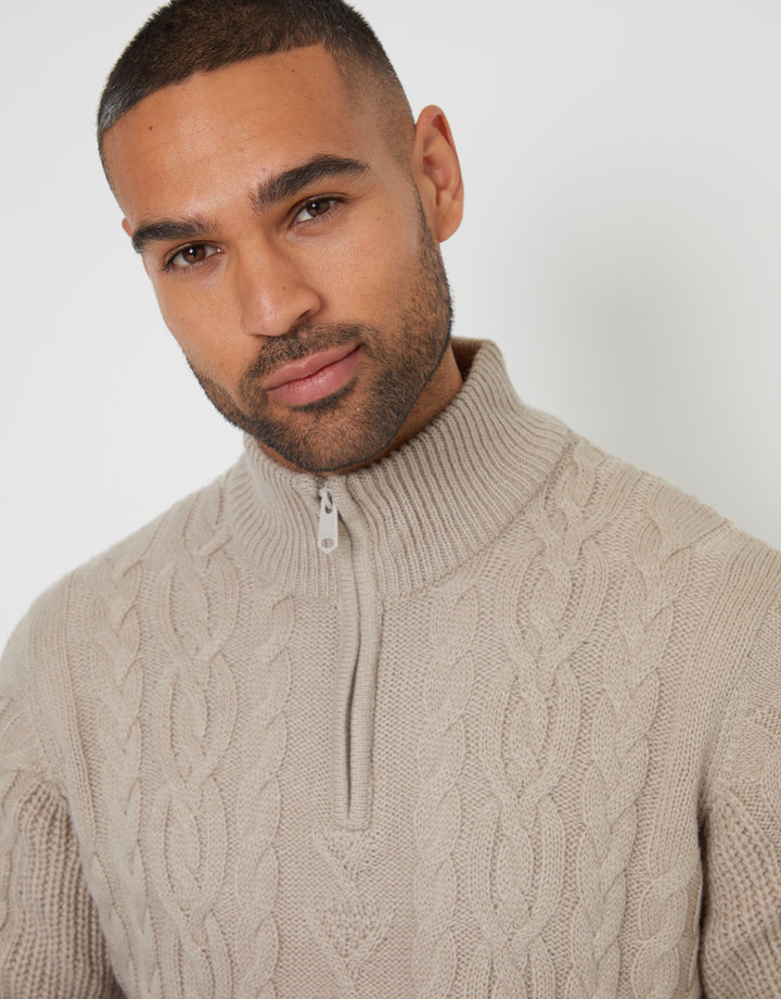 Stone Cable Knit Quarter Zip Jumper