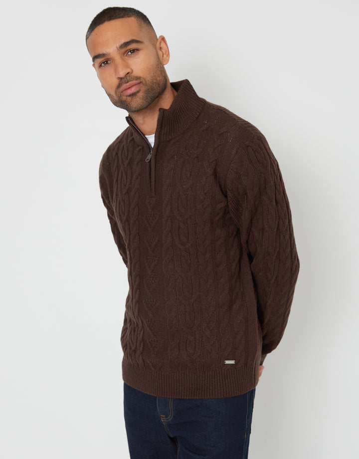 Brown Cable Knit Quarter Zip Jumper