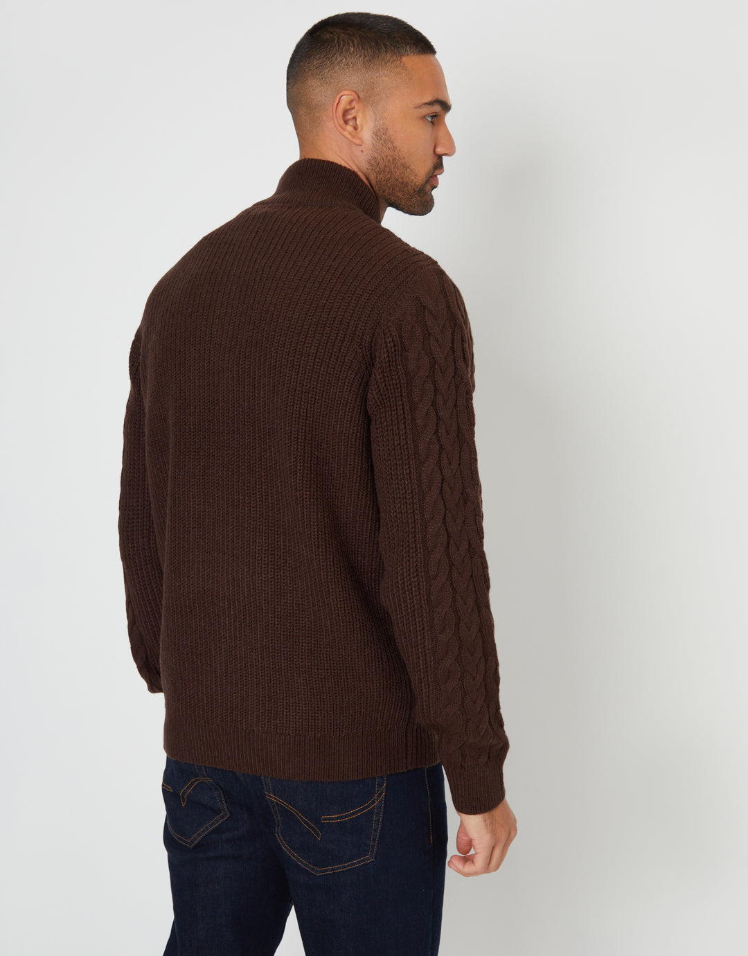 Brown Cable Knit Quarter Zip Jumper