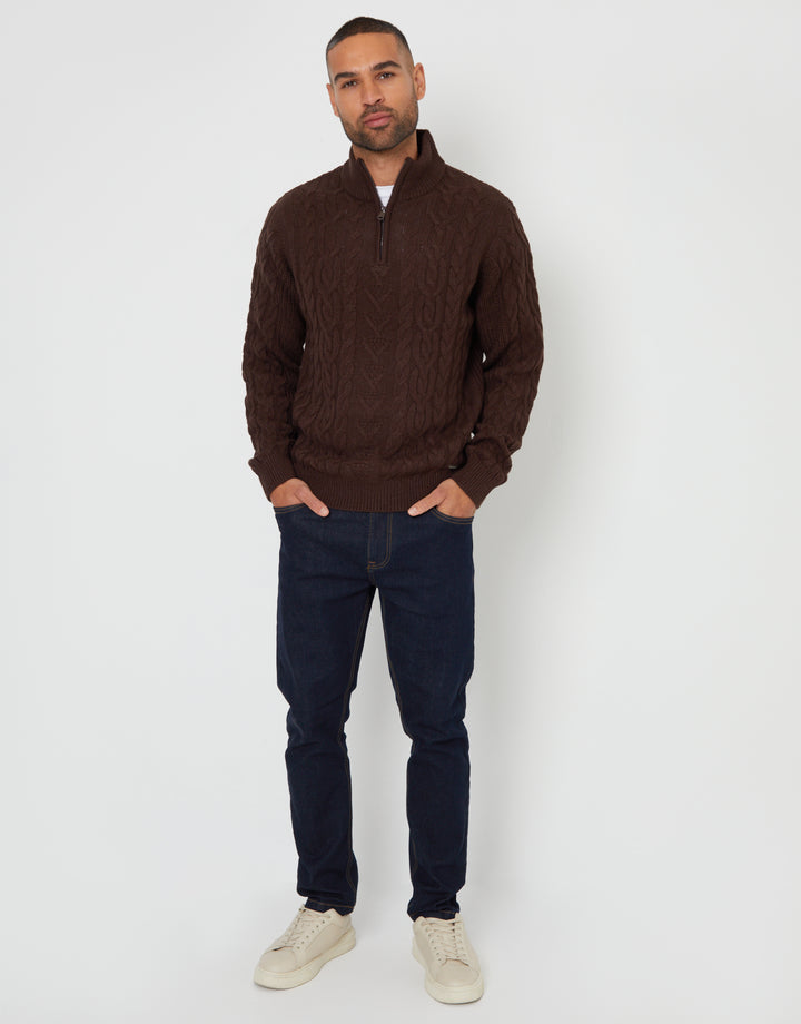 Brown Cable Knit Quarter Zip Jumper