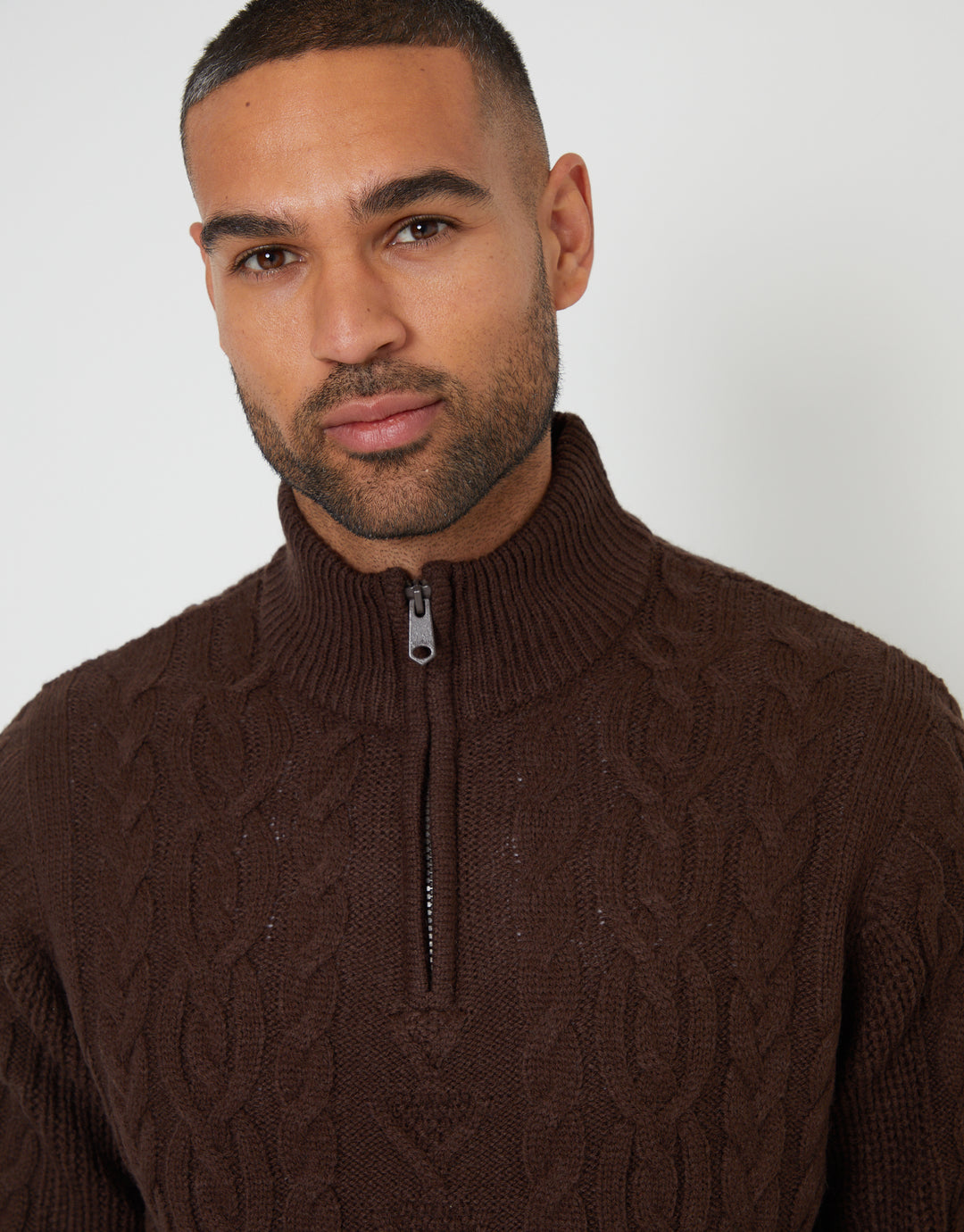 Brown Cable Knit Quarter Zip Jumper