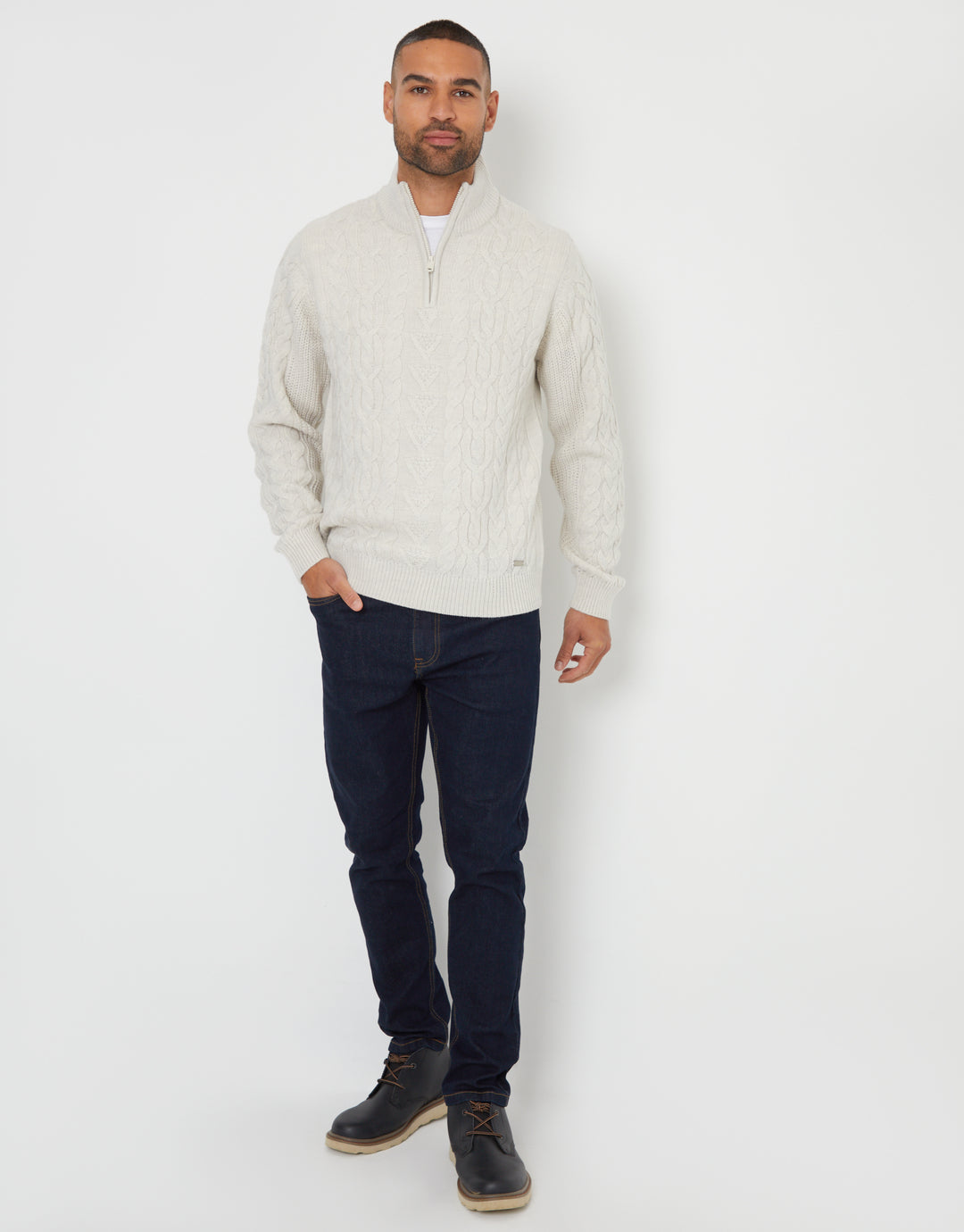 Light Grey Marl Cable Knit Quarter Zip Jumper