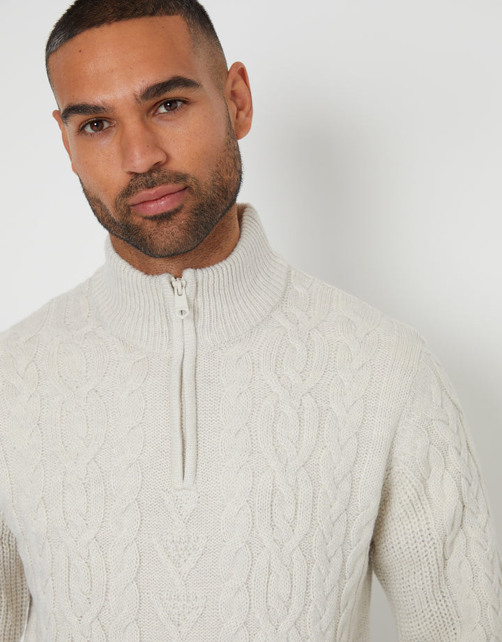 Light Grey Marl Cable Knit Quarter Zip Jumper